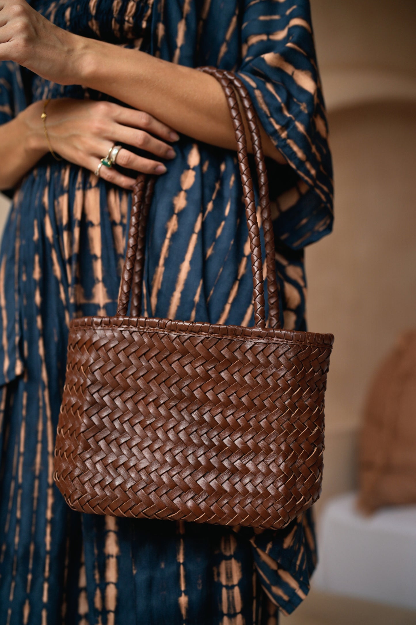 Maria Artisan Handwoven Leather Mini Tote in Brown