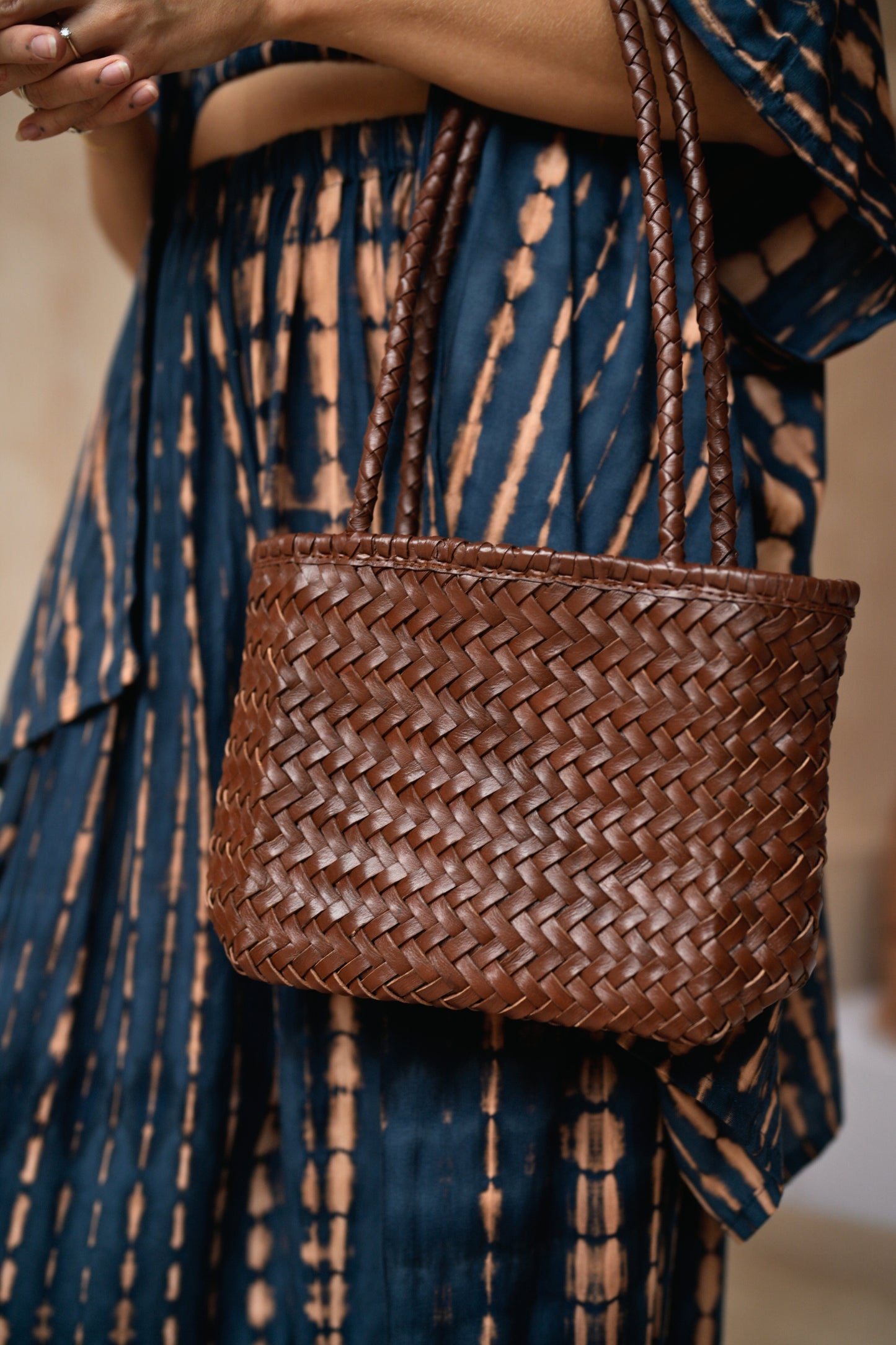 Maria Artisan Handwoven Leather Mini Tote in Brown