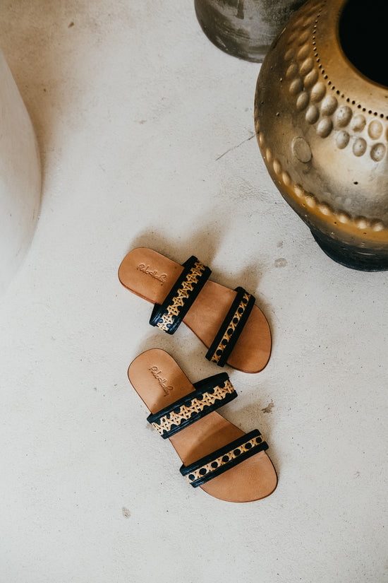 Milani Cane and Leather Slide Sandals