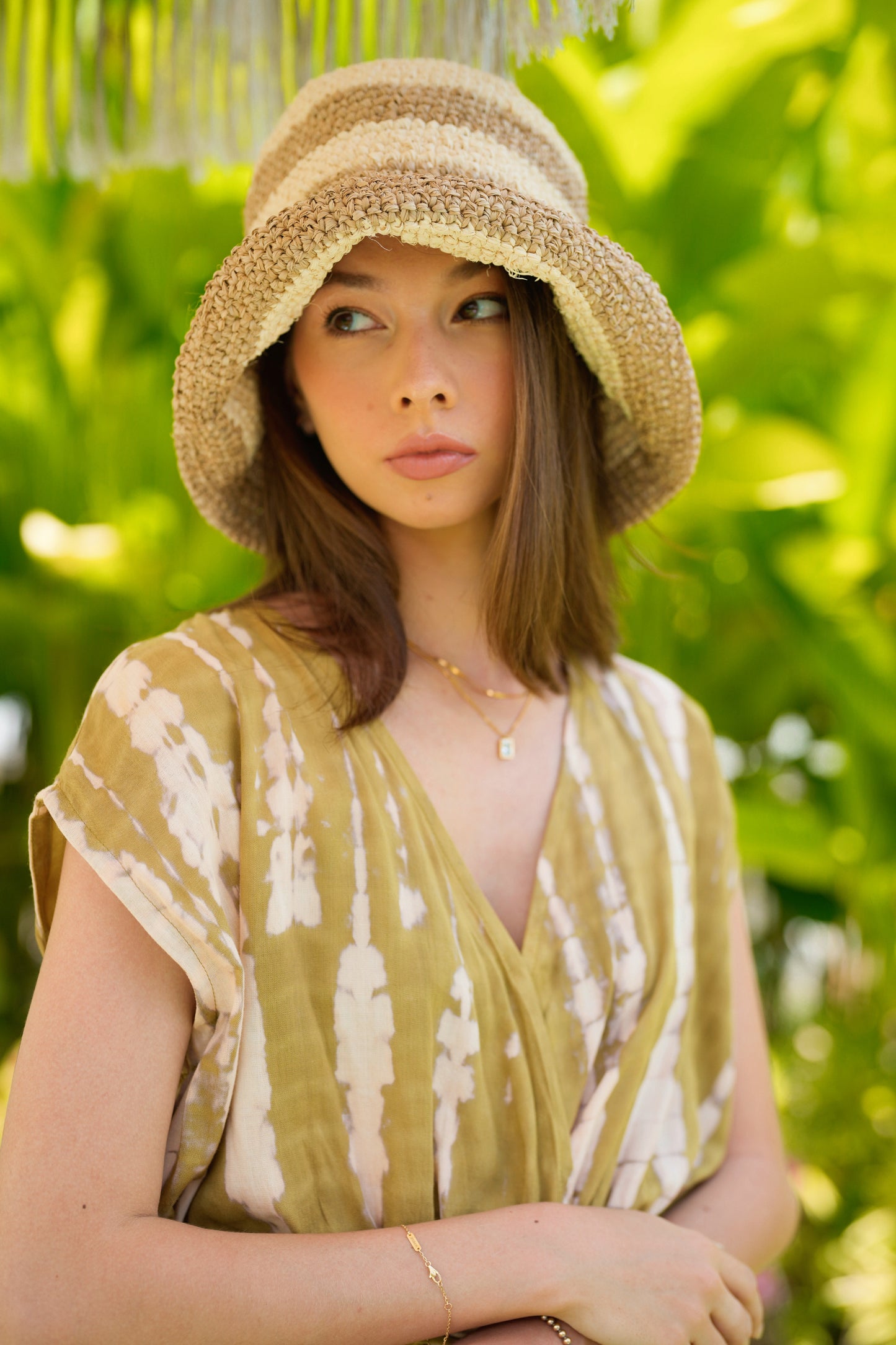 Millie Handwoven Raffia Straw Hat - White stripe