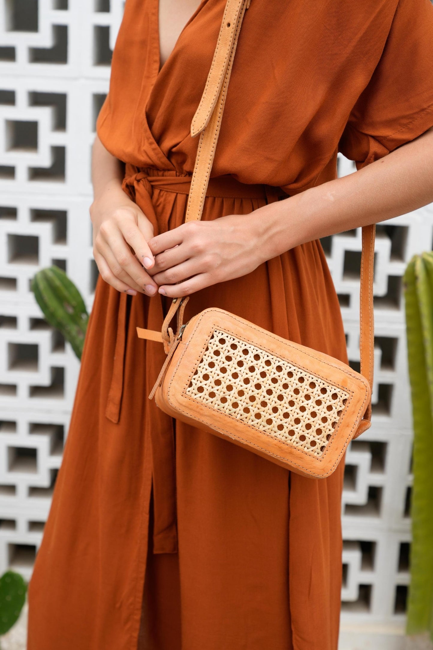 Scarlett Leather and Cane Crossbody Bag in Tan
