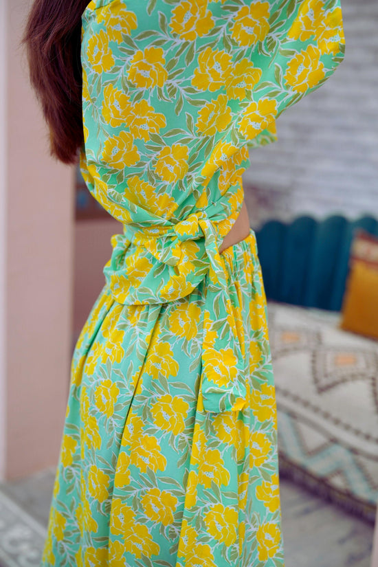 Aubrey Floral Wrap Top and Midi Skirt Matching Set in Yellow Garden