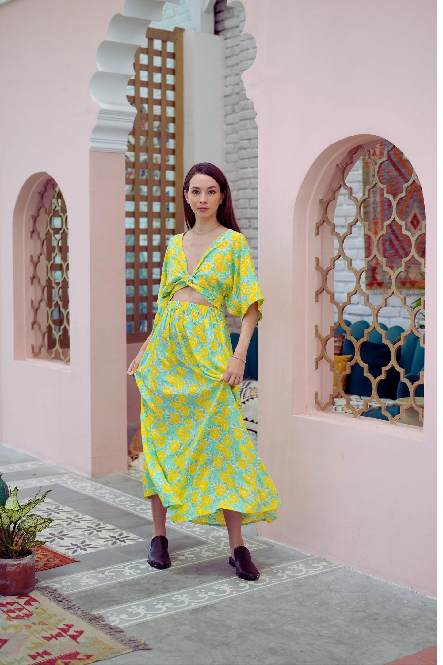 Aubrey Floral Wrap Top and Midi Skirt Matching Set in Yellow Garden