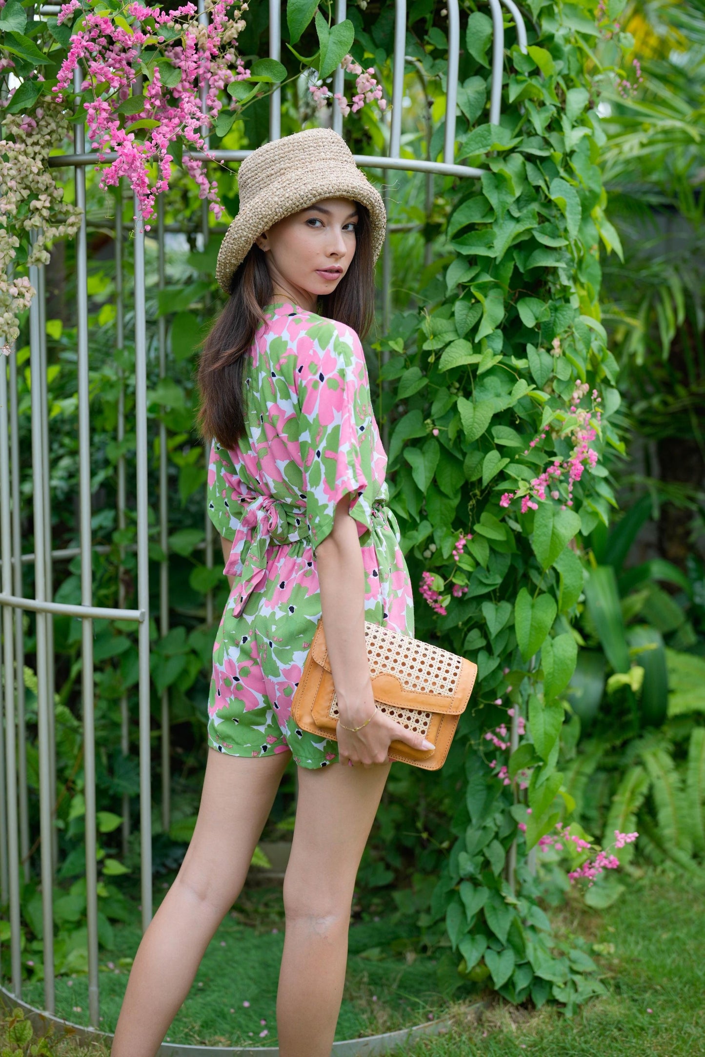 Aubrey Floral Wrap Top and Shorts Travel Matching Set in Pink Garden