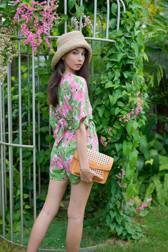 Aubrey Floral Wrap Top and Shorts Travel Matching Set in Pink Garden