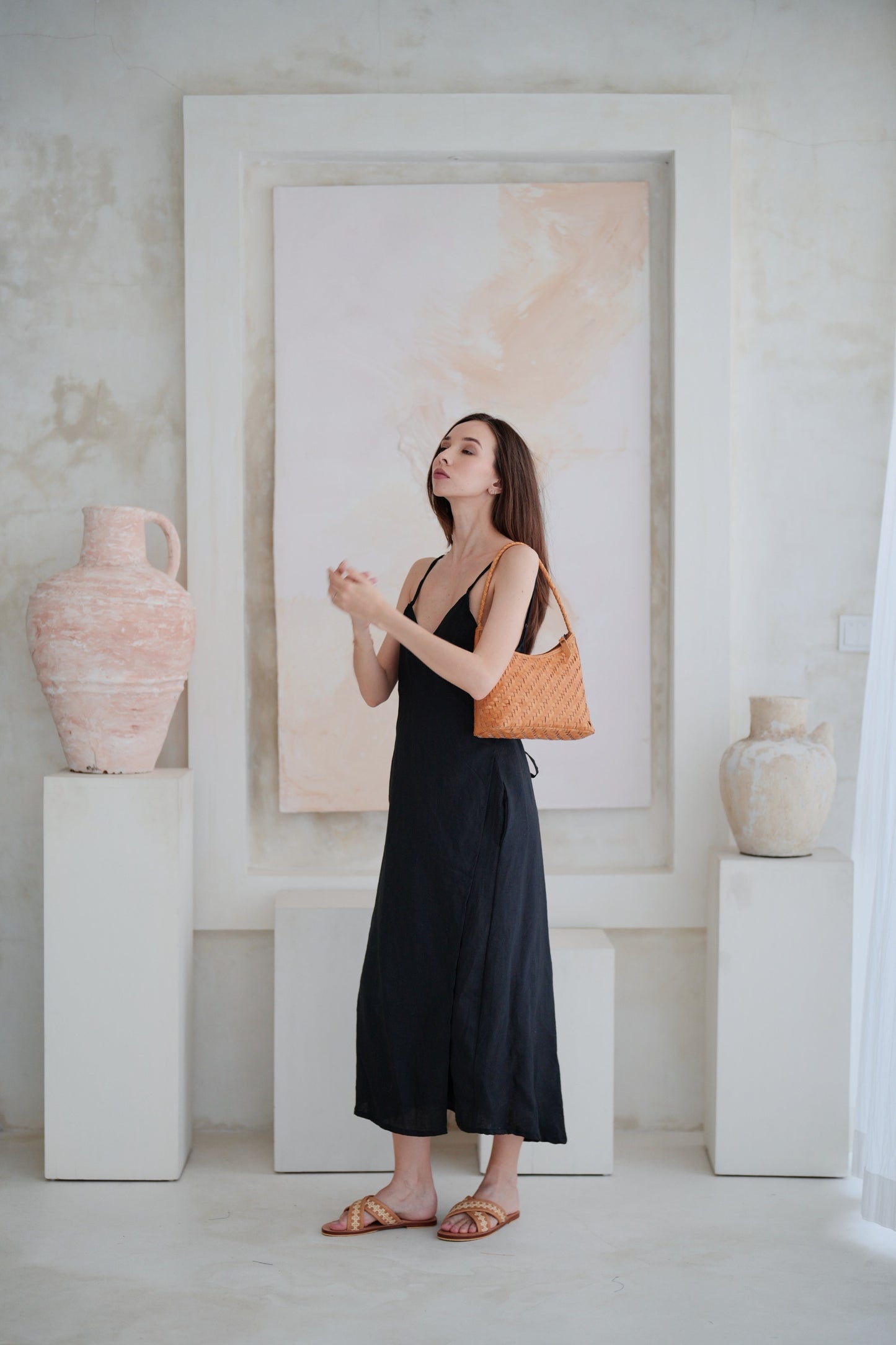 Anita Linen Wrap Front Midi Dress in Black Pink Haley Anita Linen Wrap Front Midi Dress in Black Pink Haley