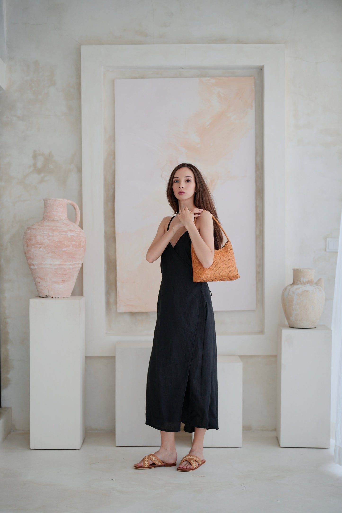Anita Linen Wrap Front Midi Dress in Black Pink Haley Anita Linen Wrap Front Midi Dress in Black Pink Haley