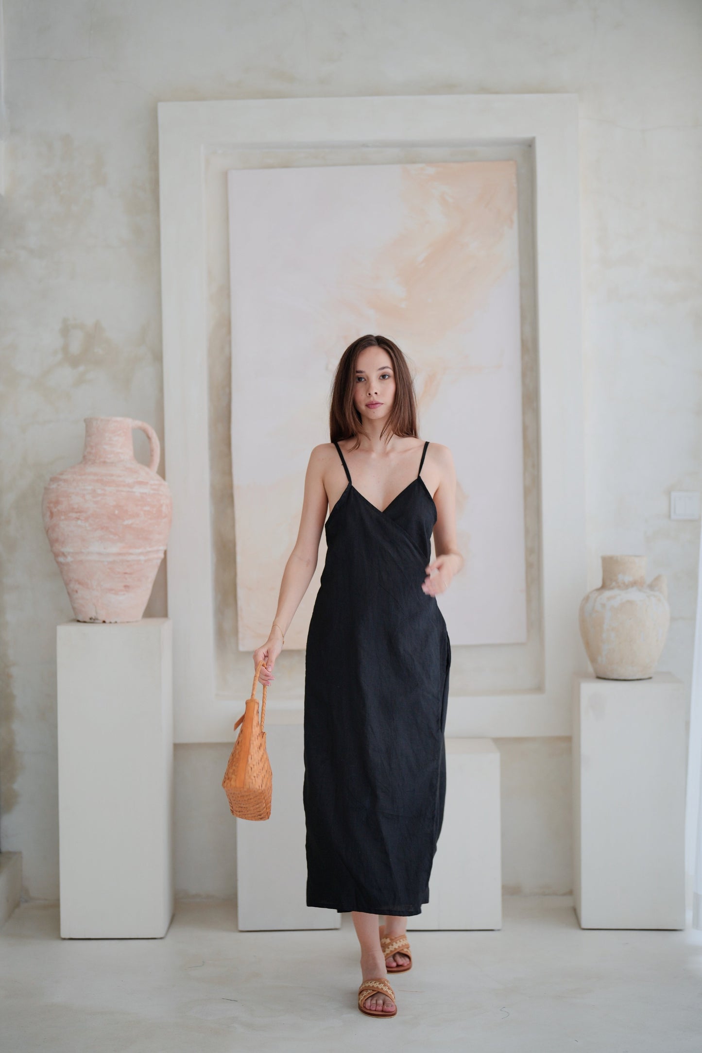 Anita Linen Wrap Front Midi Dress in Black Pink Haley Anita Linen Wrap Front Midi Dress in Black Pink Haley