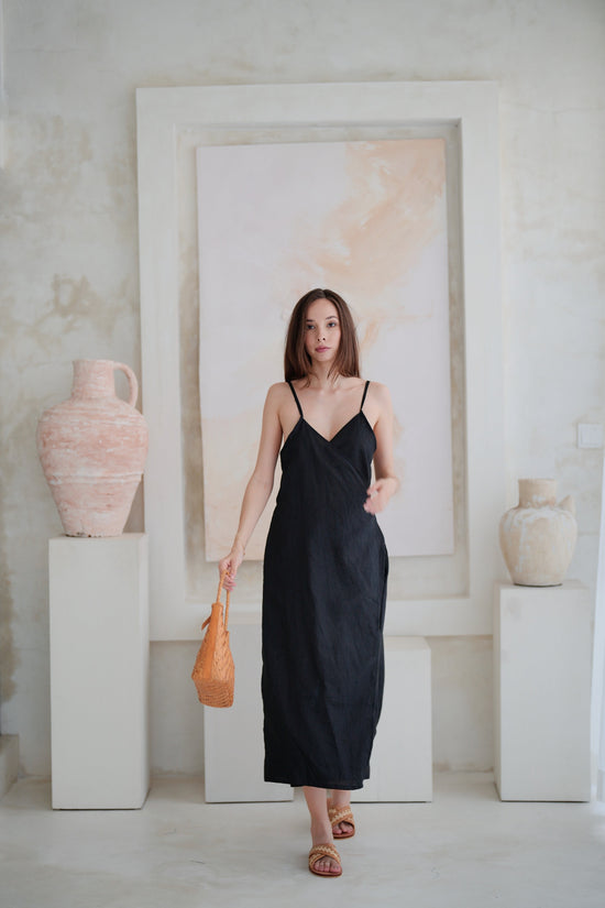 Anita Linen Wrap Front Midi Dress in Black