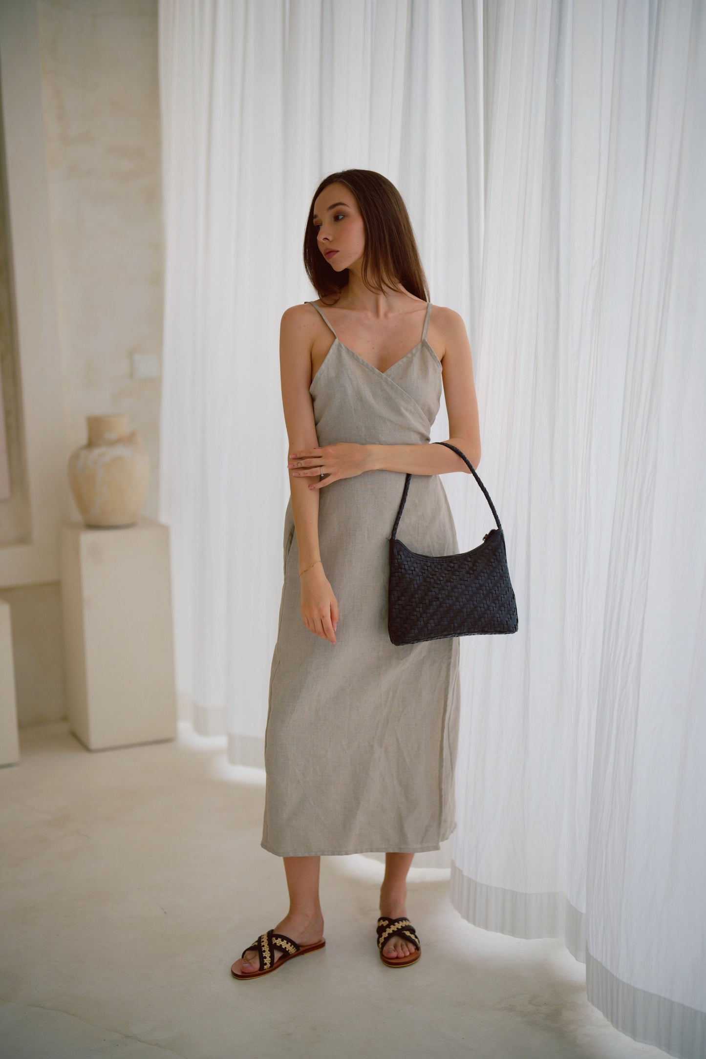 Anita Linen Wrap Front Midi Dress in Natural Pink Haley Anita Linen Wrap Front Midi Dress in Natural Pink Haley