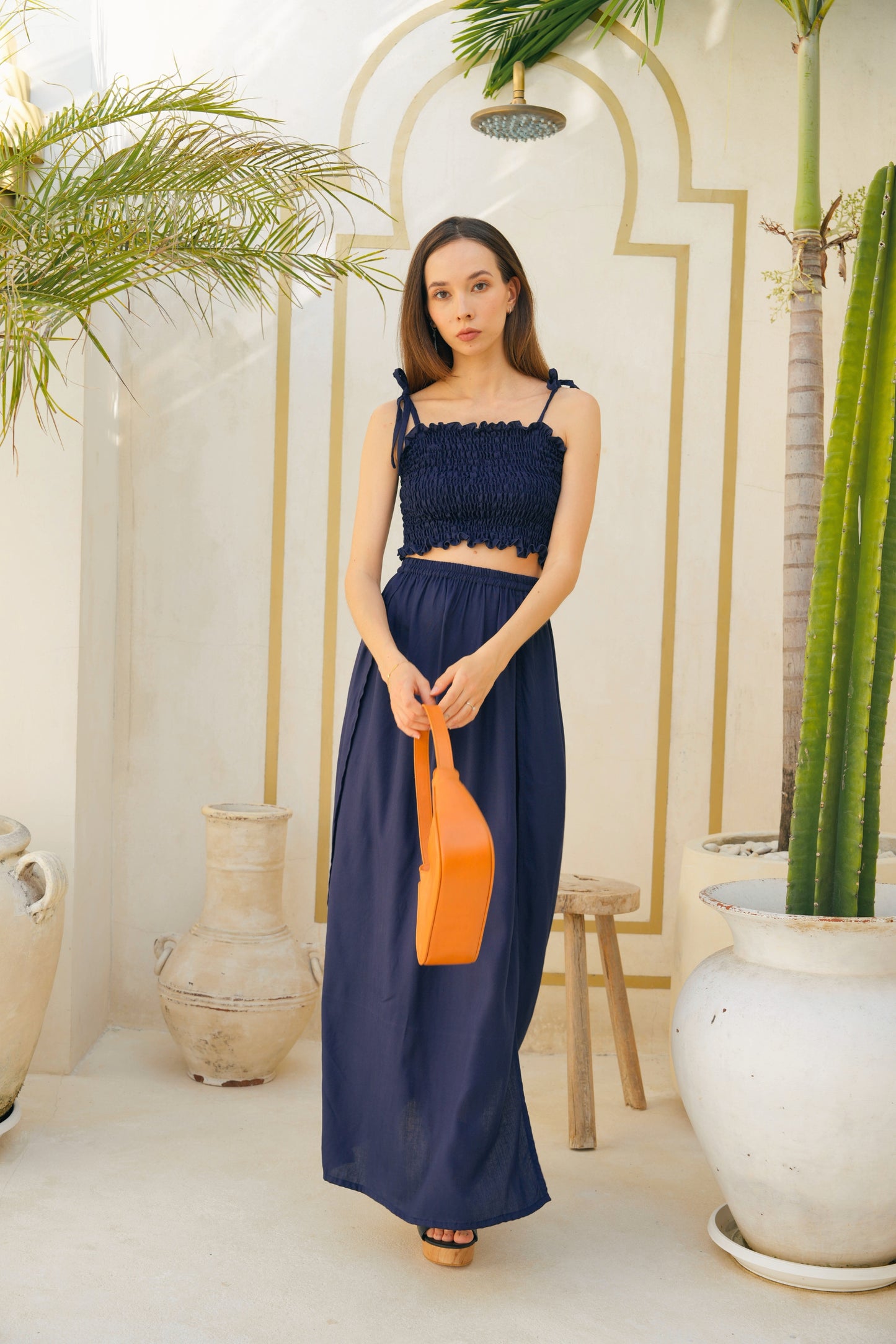 Load image into Gallery viewer, Evelyn Side Split Skirt With Matching Tube Top Set in Navy Blue
