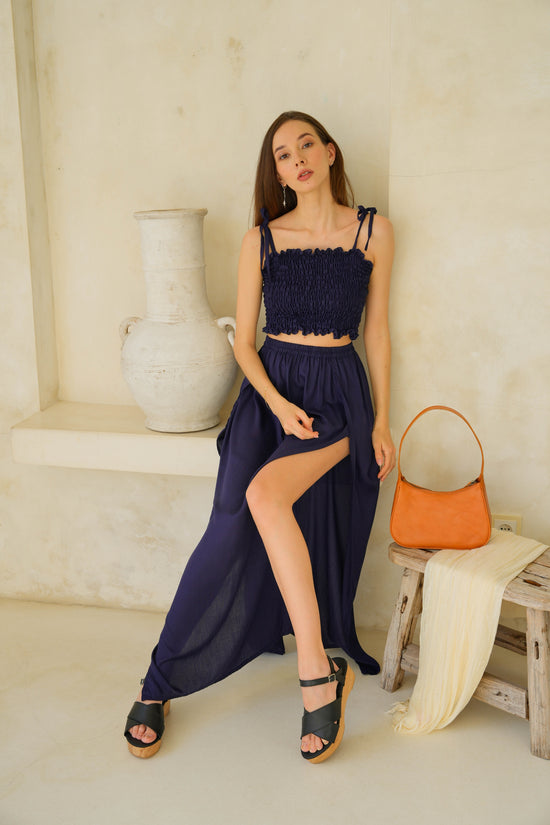 Evelyn Side Split Skirt With Matching Tube Top Set in Navy Blue