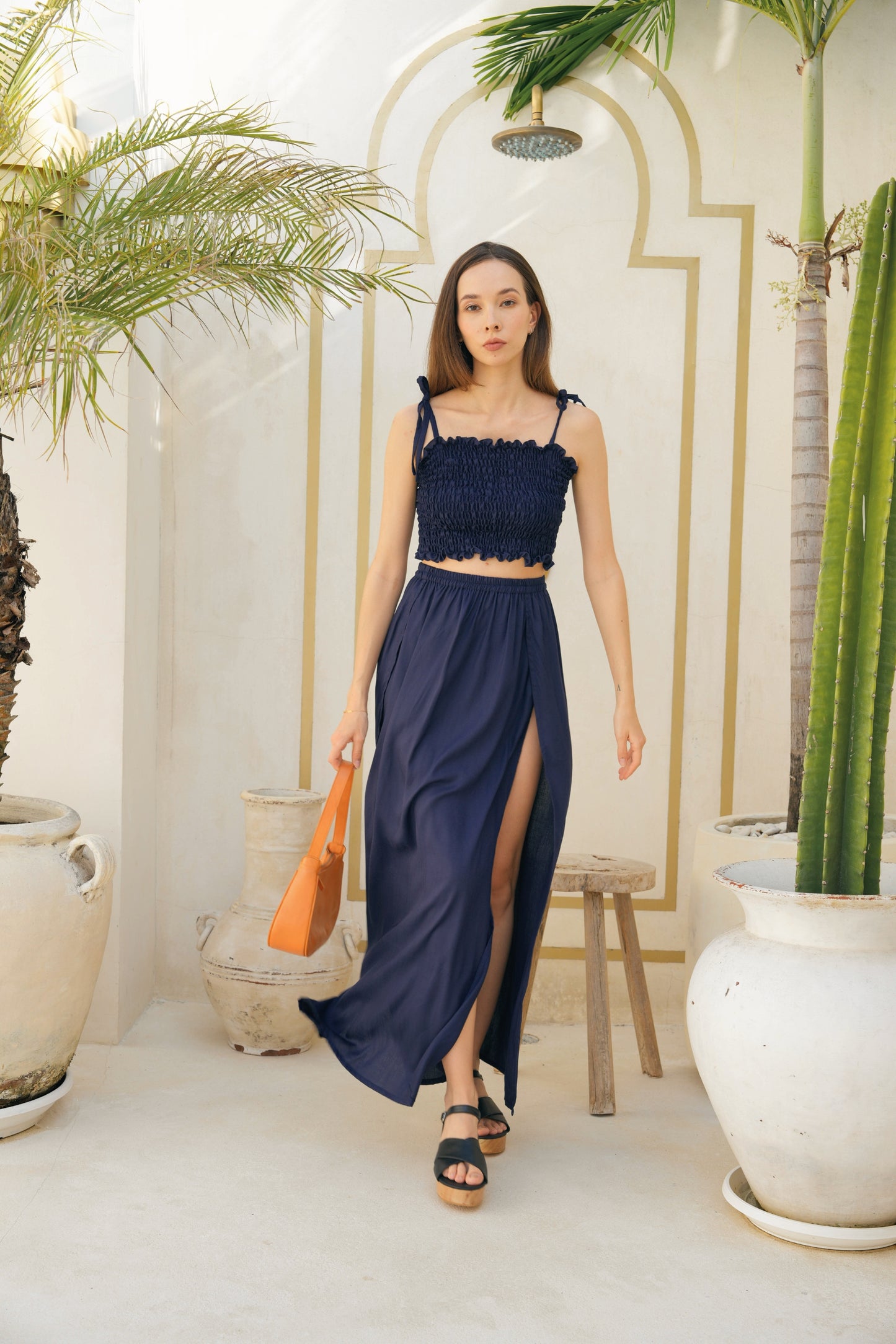 Load image into Gallery viewer, Evelyn Side Split Skirt With Matching Tube Top Set in Navy Blue
