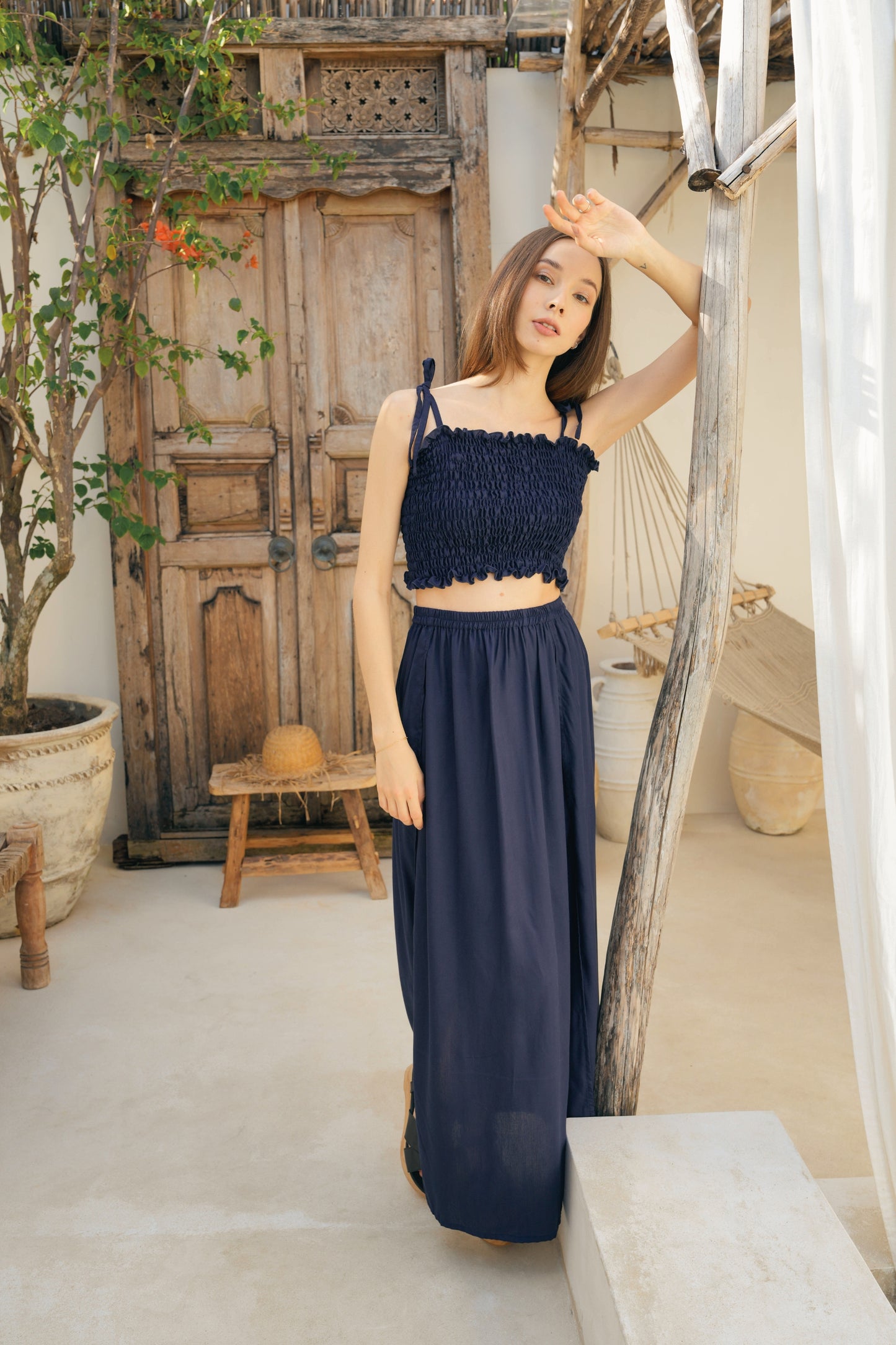 Evelyn Side Split Skirt With Matching Tube Top Set in Navy Blue