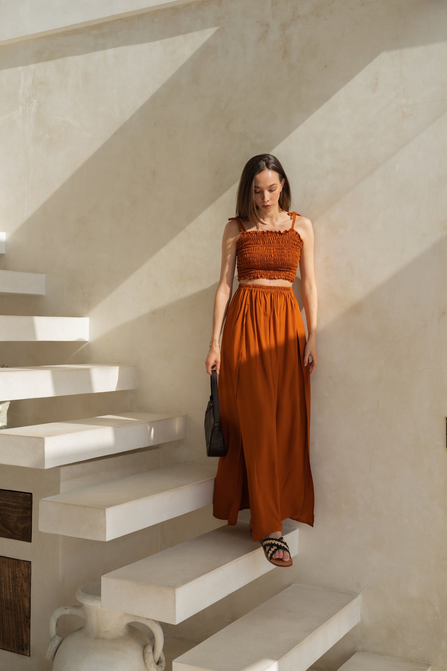 Evelyn Side Split Skirt With Matching Tube Top Set in Terracotta