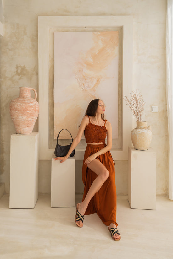 Evelyn Side Split Skirt With Matching Tube Top Set in Terracotta