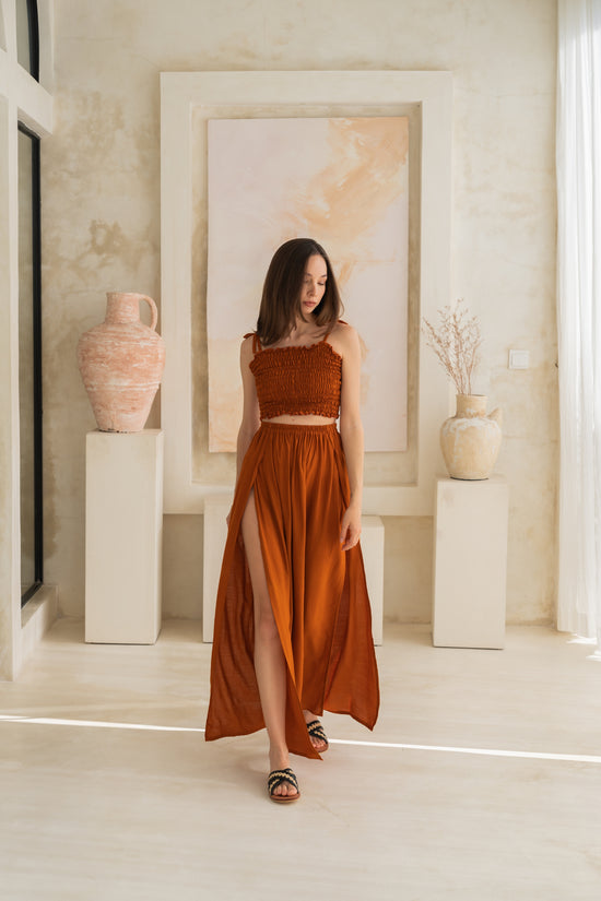 Evelyn Side Split Skirt With Matching Tube Top Set in Terracotta