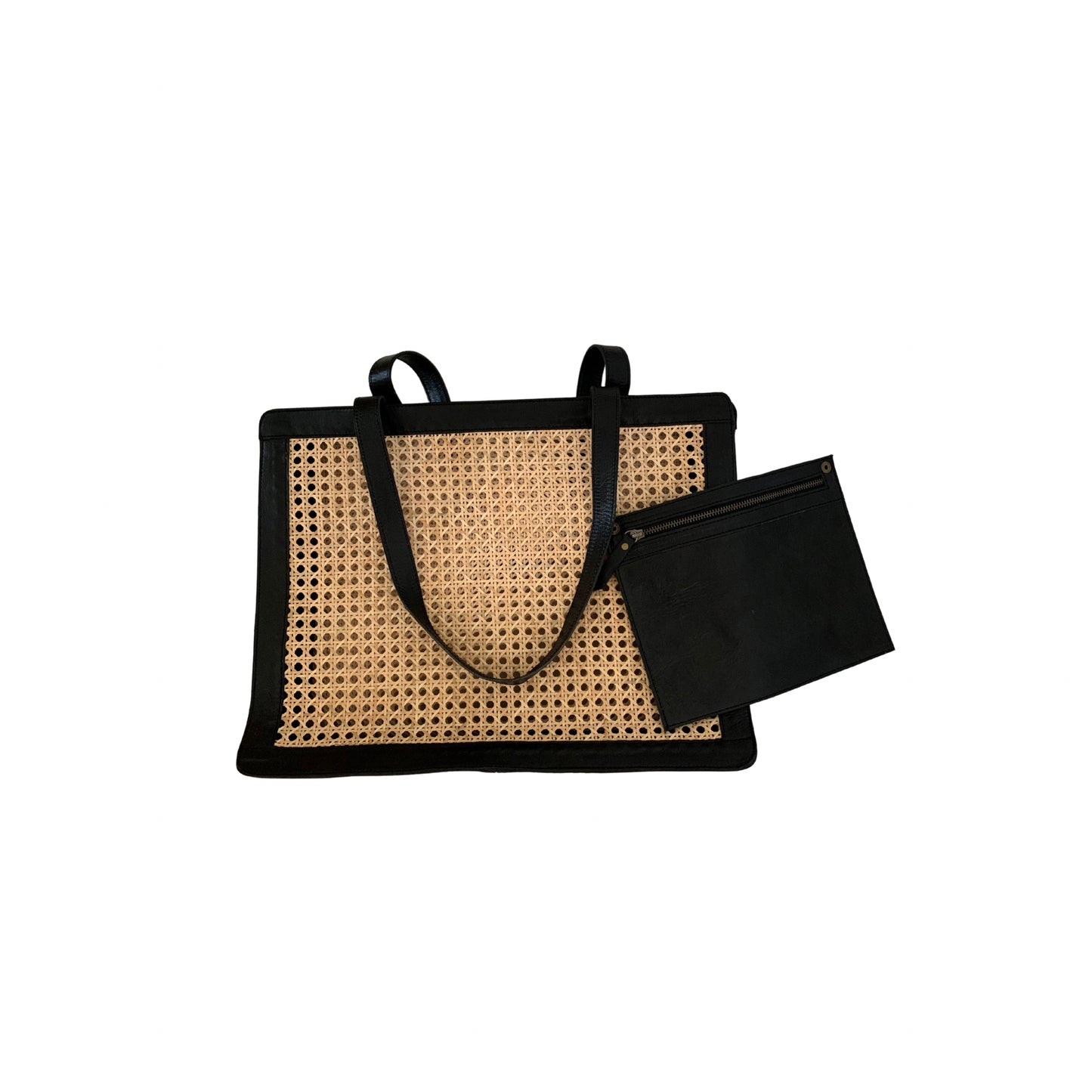 Giselle Oversized Cane and Leather Tote in Black
