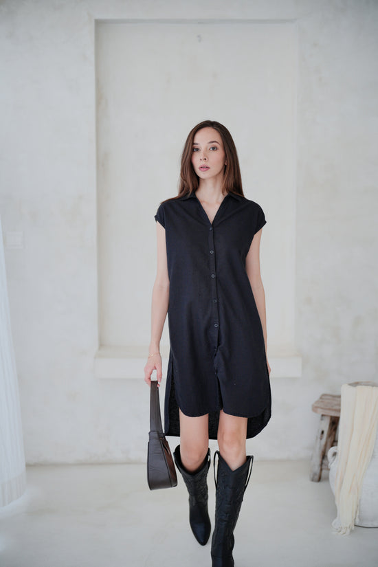 Jenny Linen Cotton Shirt Dress in Black