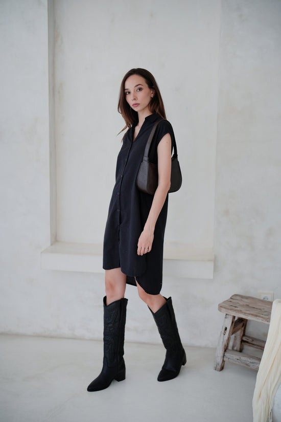 Jenny Linen Cotton Shirt Dress in Black