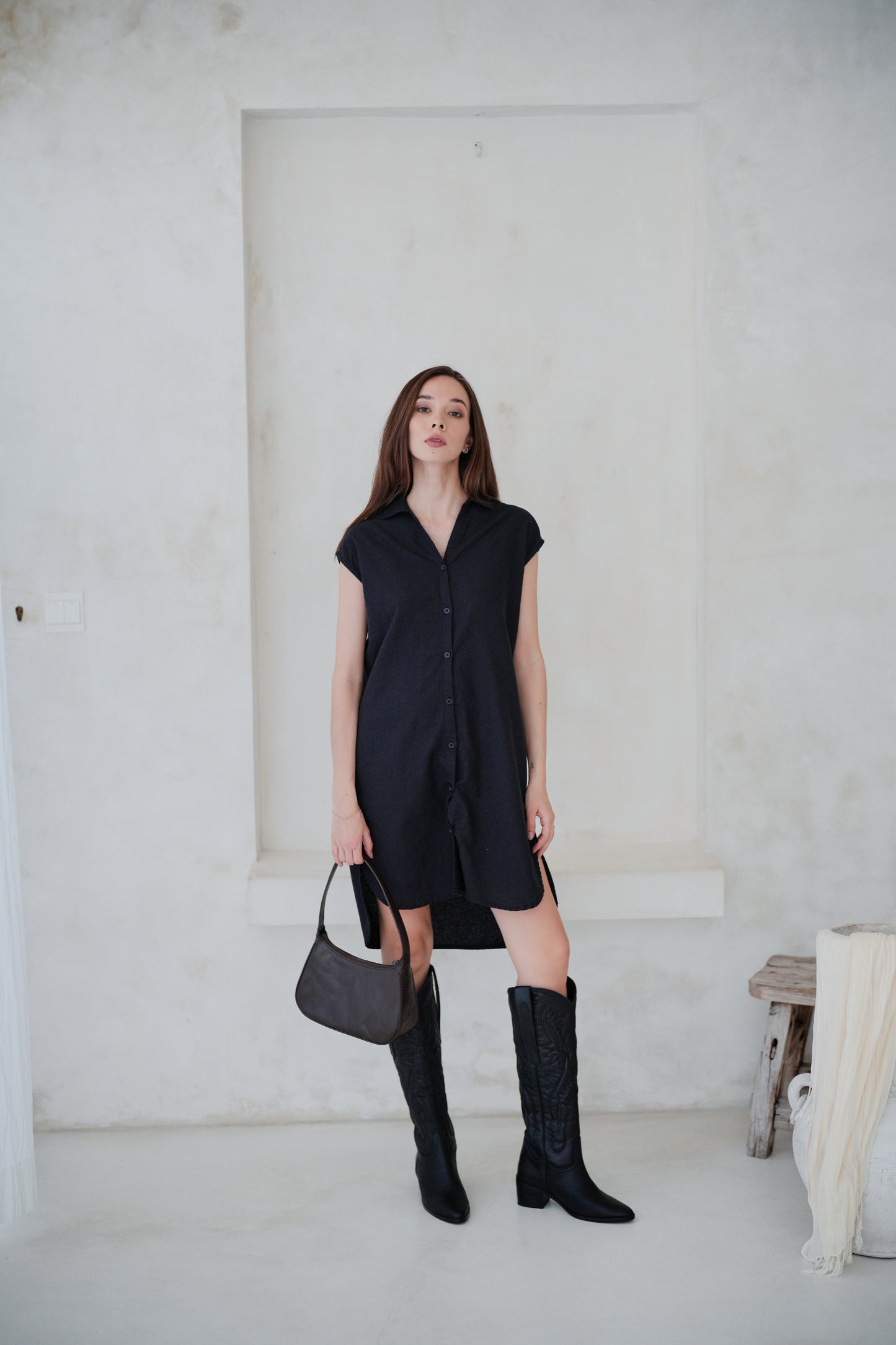 Load image into Gallery viewer, Jenny Linen Cotton Shirt Dress in Black
