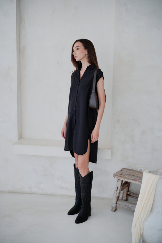 Jenny Linen Cotton Shirt Dress in Black