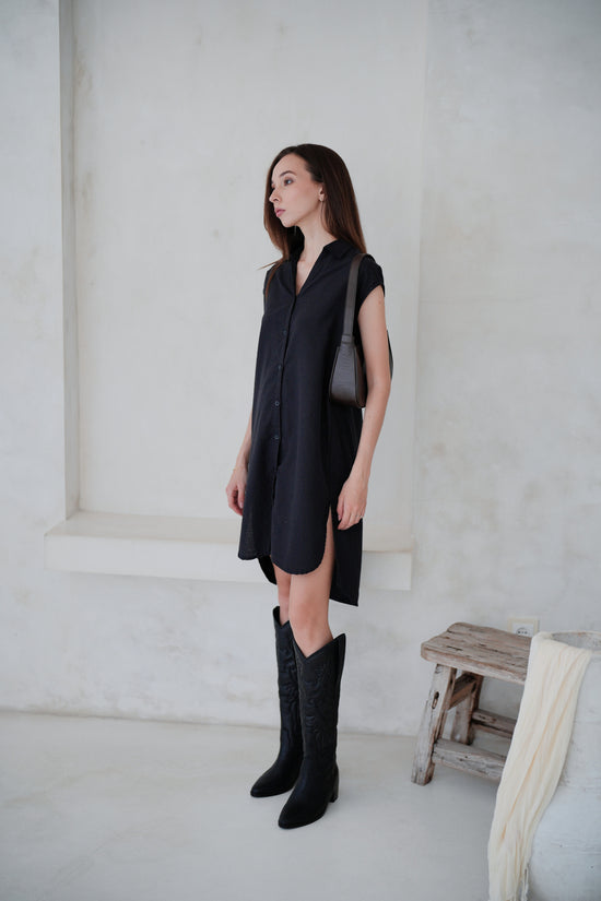 Load image into Gallery viewer, Jenny Linen Cotton Shirt Dress in Black
