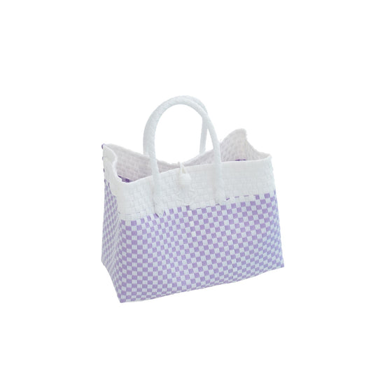 Load image into Gallery viewer, Lola Recycled Plastic Woven Tote Large - White and Lite Purple Checker
