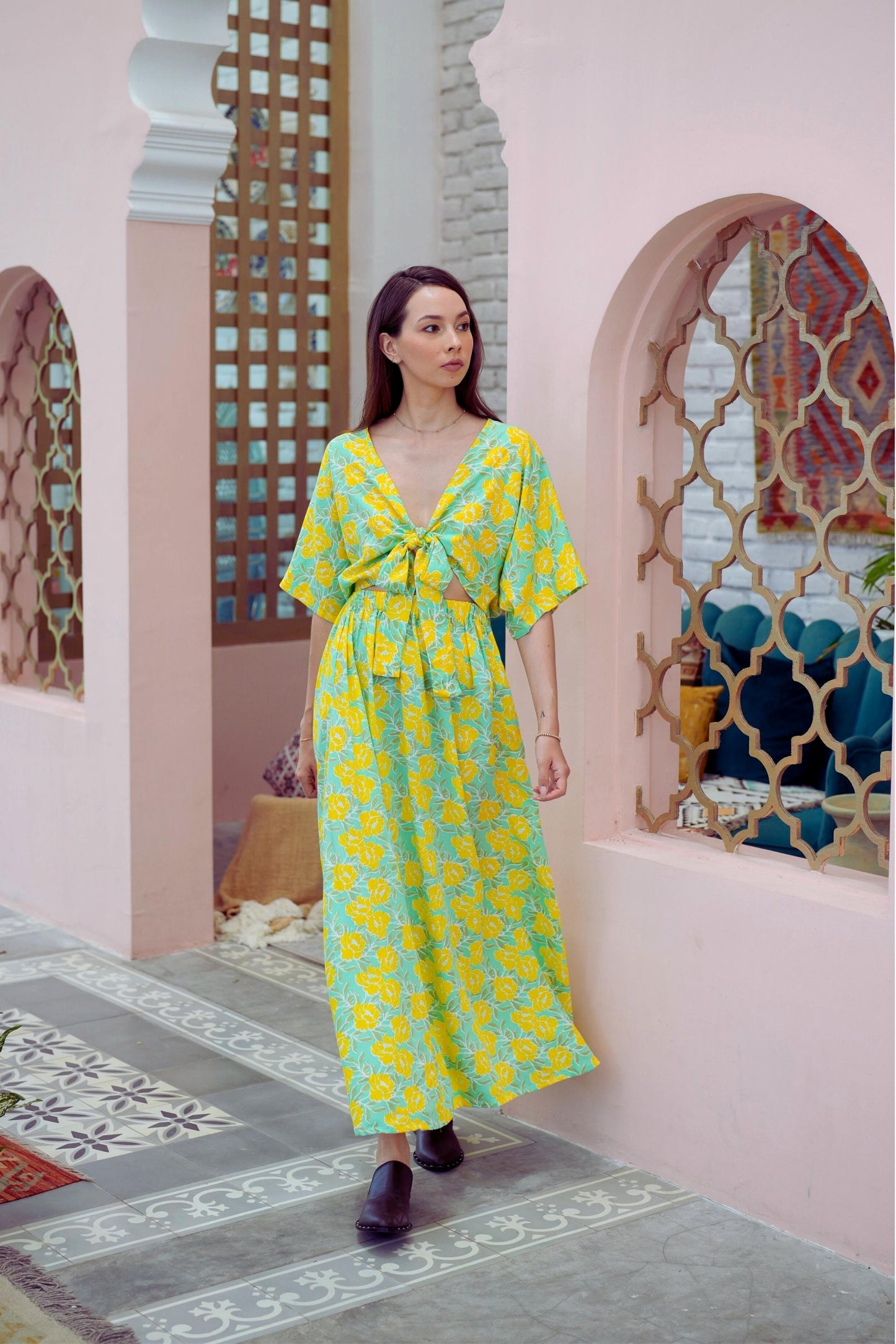 Aubrey Floral Wrap Top and Midi Skirt Matching Set in Yellow Garden