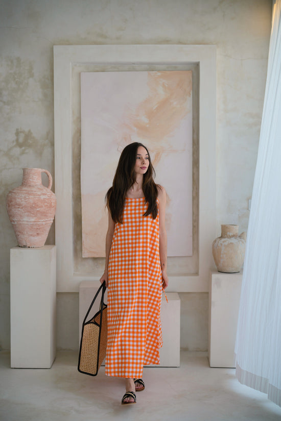 orange checkered dress Orange & White Checkered Hi-Lo V-Neck Dress With Side Slit