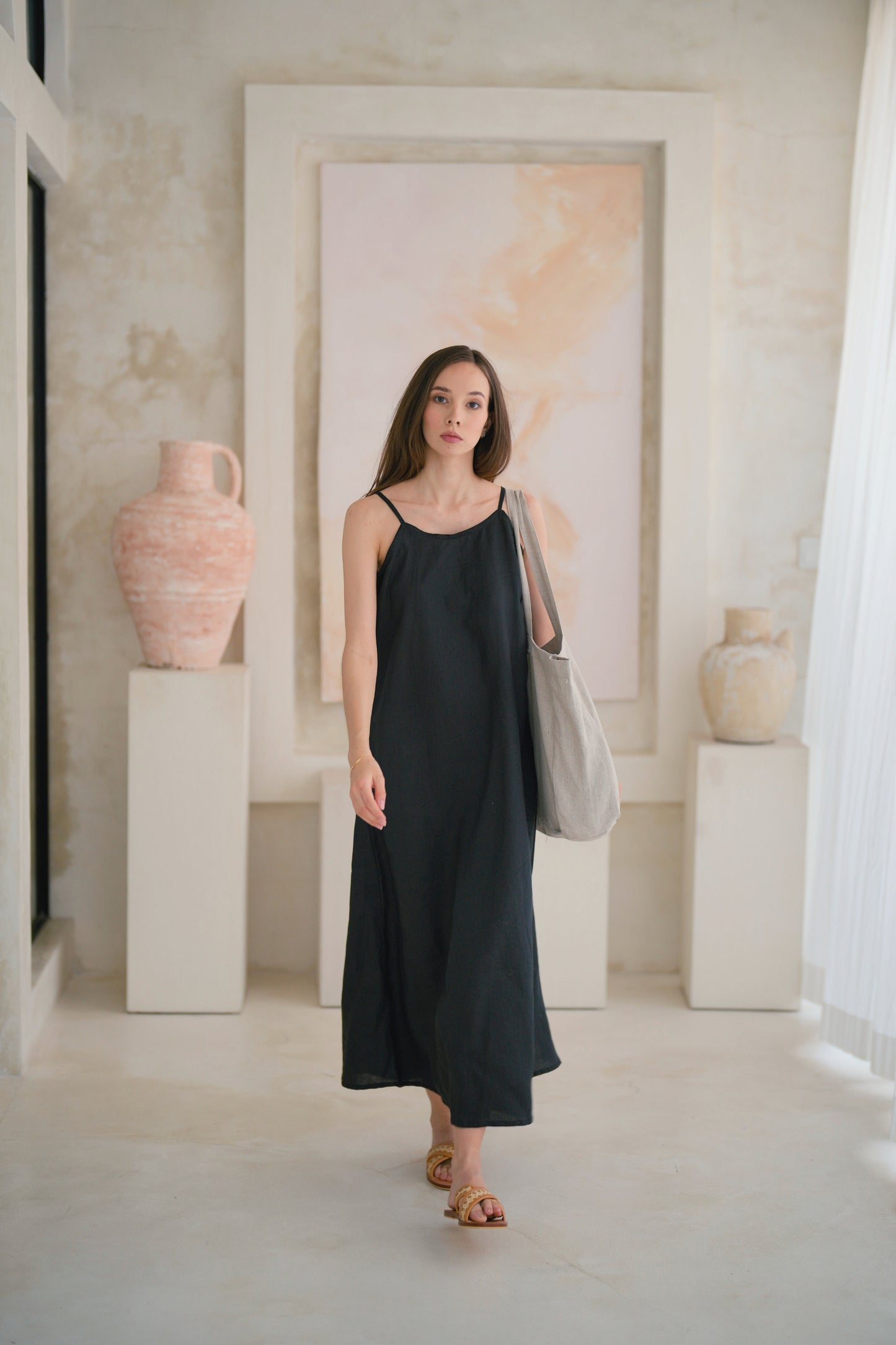 maya linen midi dress Maya Linen Dress in Black Pink Haley