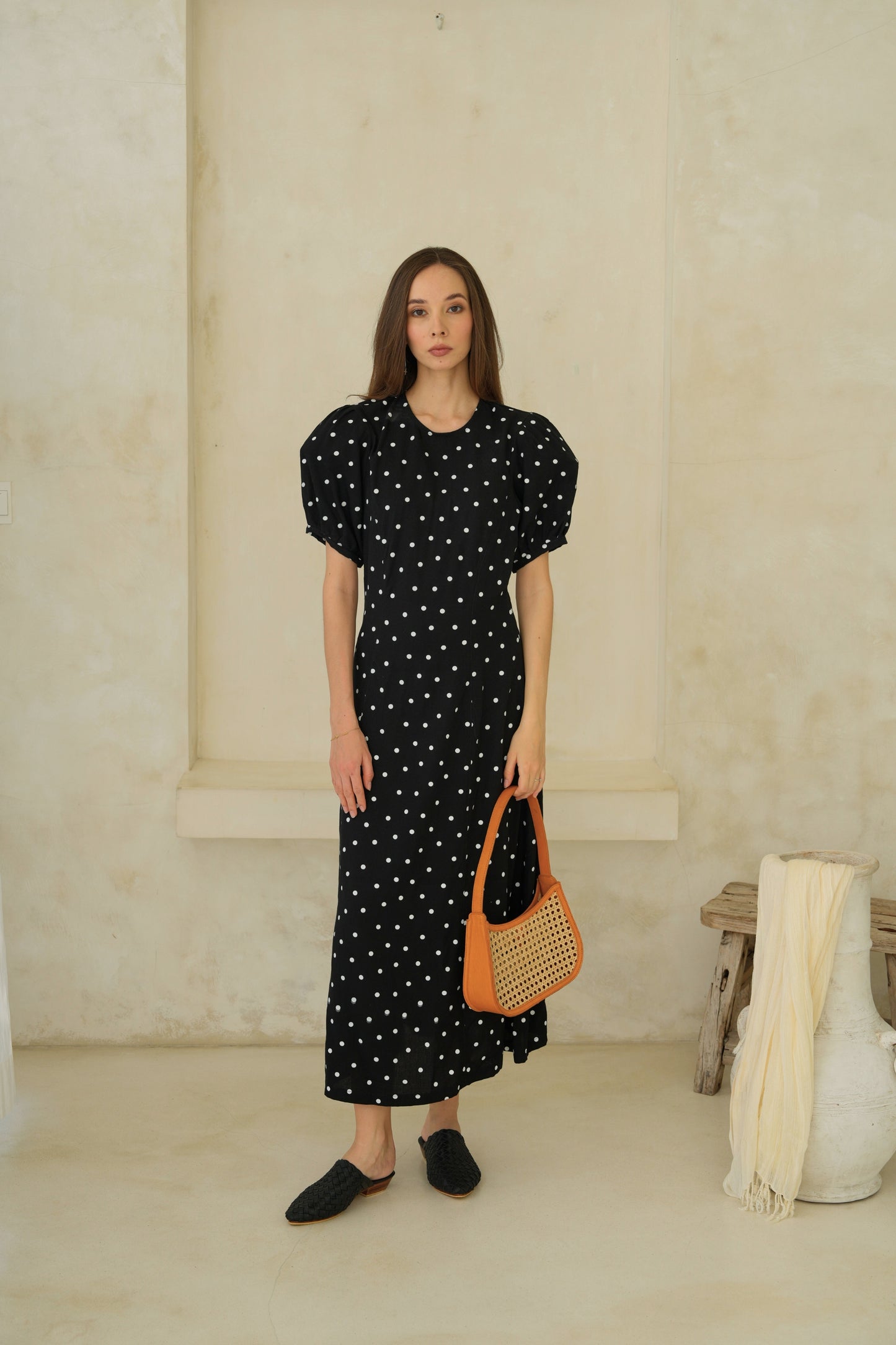 Poppy Puffy Sleeves Polka Dots Maxi Dress in Black