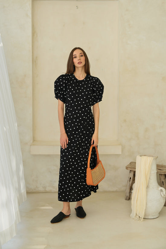Poppy Puffy Sleeves Polka Dots Maxi Dress in Black Pink Haley Poppy Puffy Sleeves Polka Dots Maxi Dress in Black Pink Haley