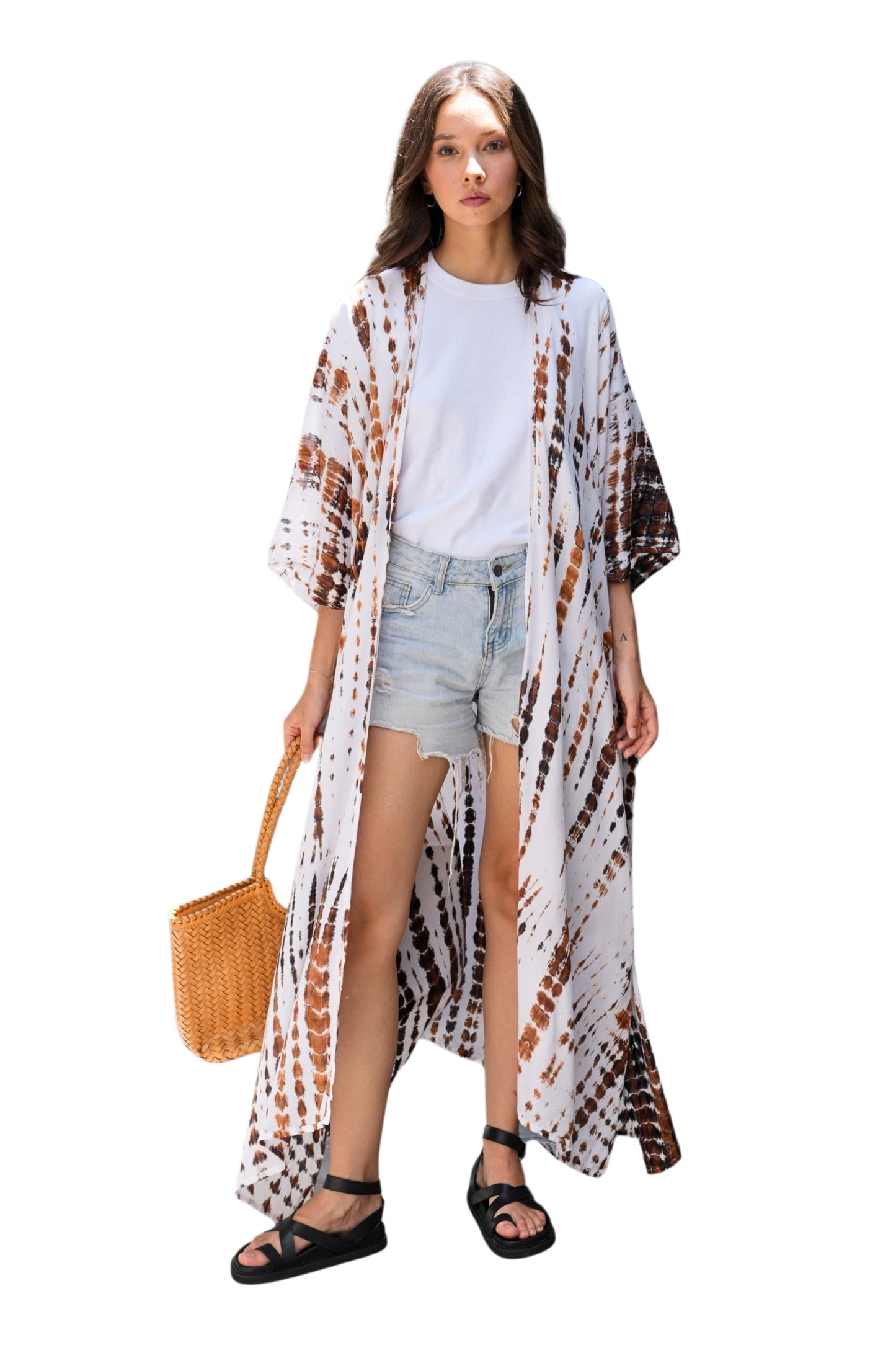 Sara Hand Dyed Kimono in White/Brown Multi