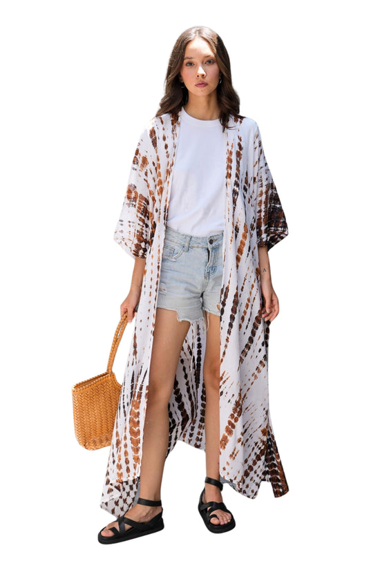 Sara Hand Dyed Kimono in White/Brown Multi