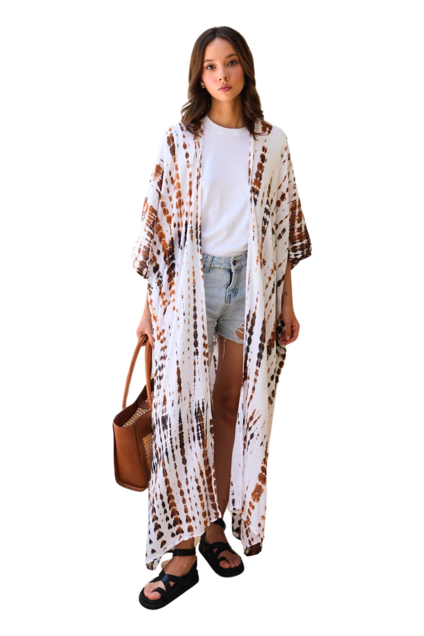 Sara Hand Dyed Kimono in White/Brown Multi