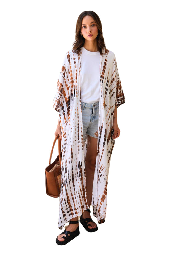 Sara Hand Dyed Kimono in White/Brown Multi