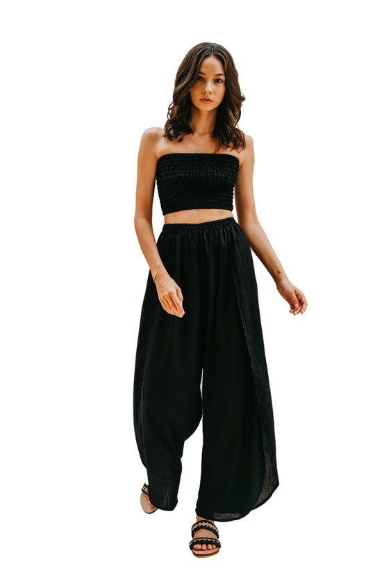 Judith Side Split Pants With Matching Tube Top Set in Black