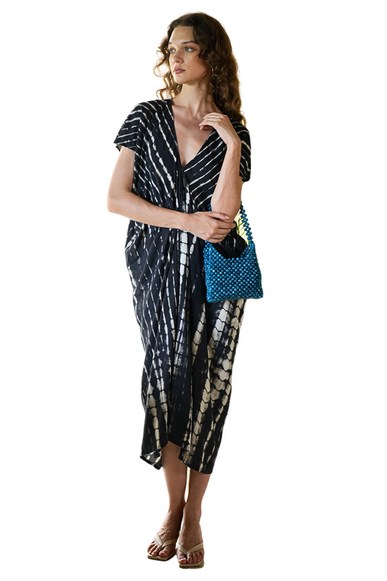 Load image into Gallery viewer, Madella Hand Dyed Kaftan Dress in Black Tie Dyed
