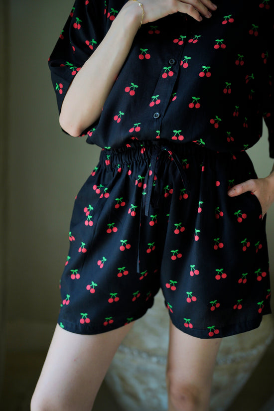 Nostalgic Cherry-Print Travel Button-Up Shirt