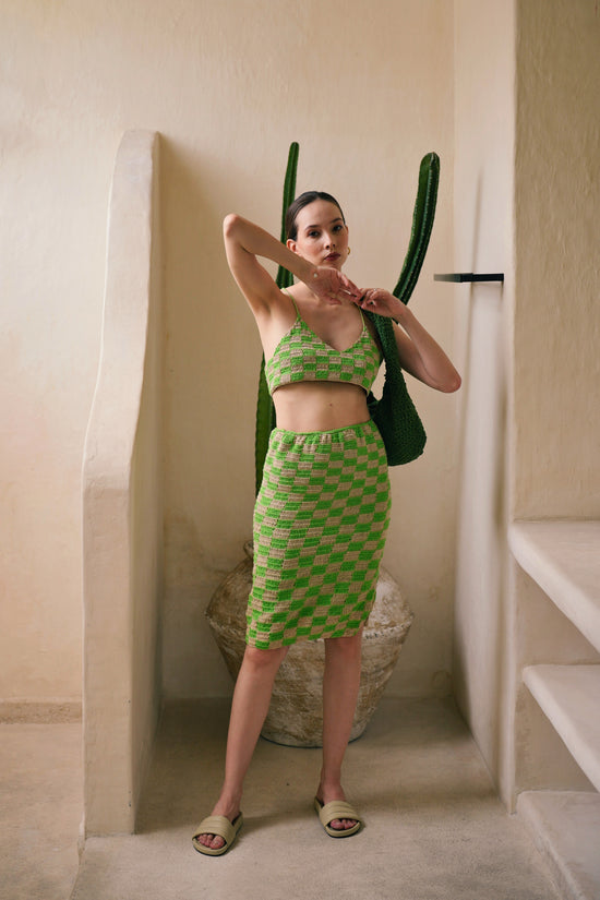 Myla Hand Crochet Top and Skirt Matching Set in Lime Checker