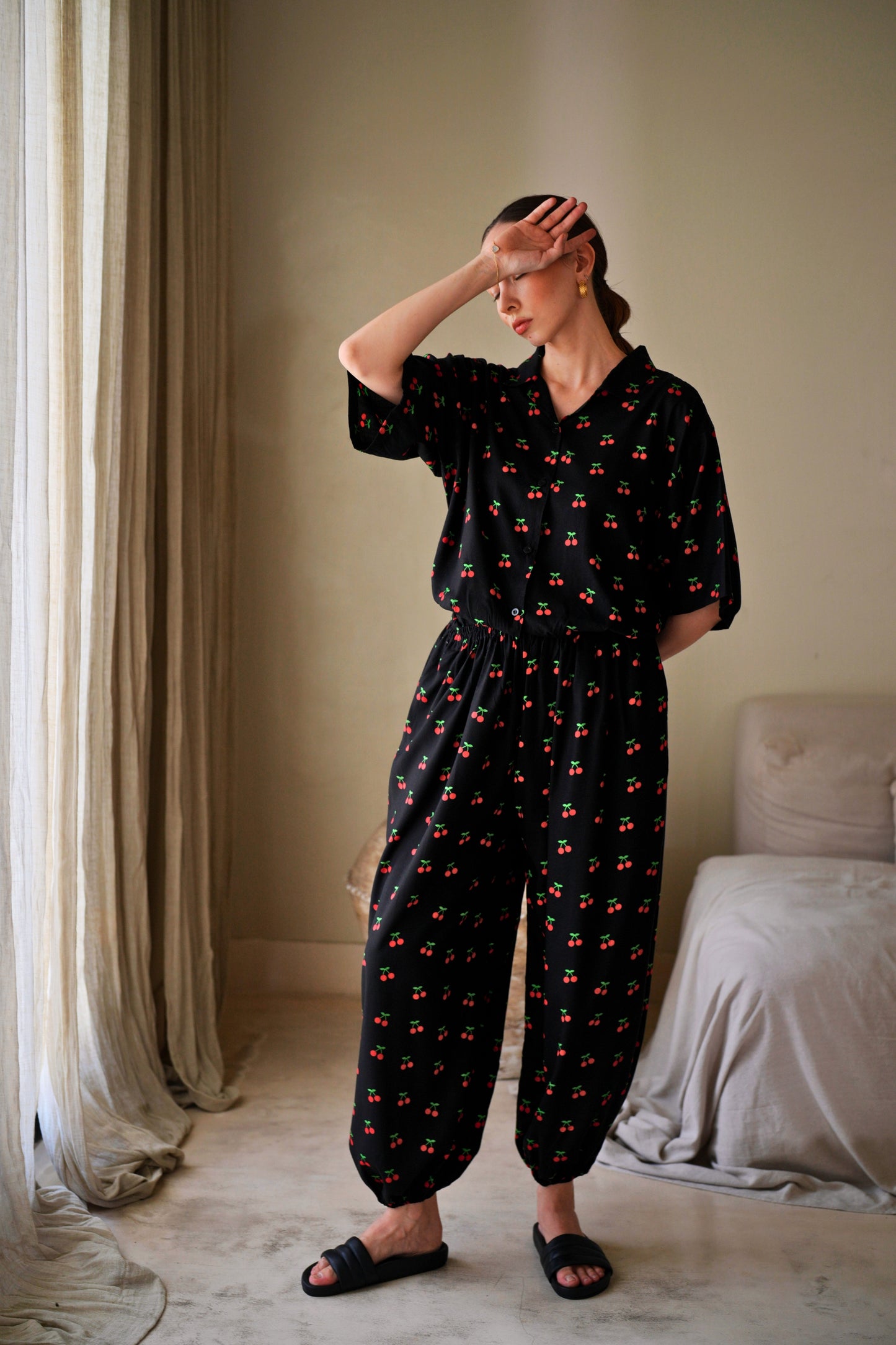 Nostalgic Cherry-Print Balloon Pants
