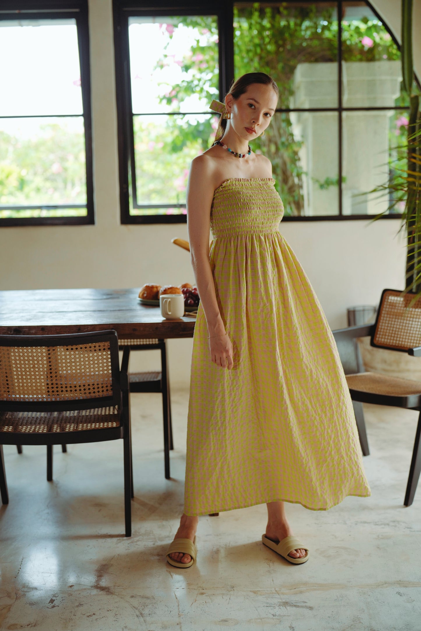 PRE-ORDER! Ava Strapless Crinkle Gingham Dress in Lemonade