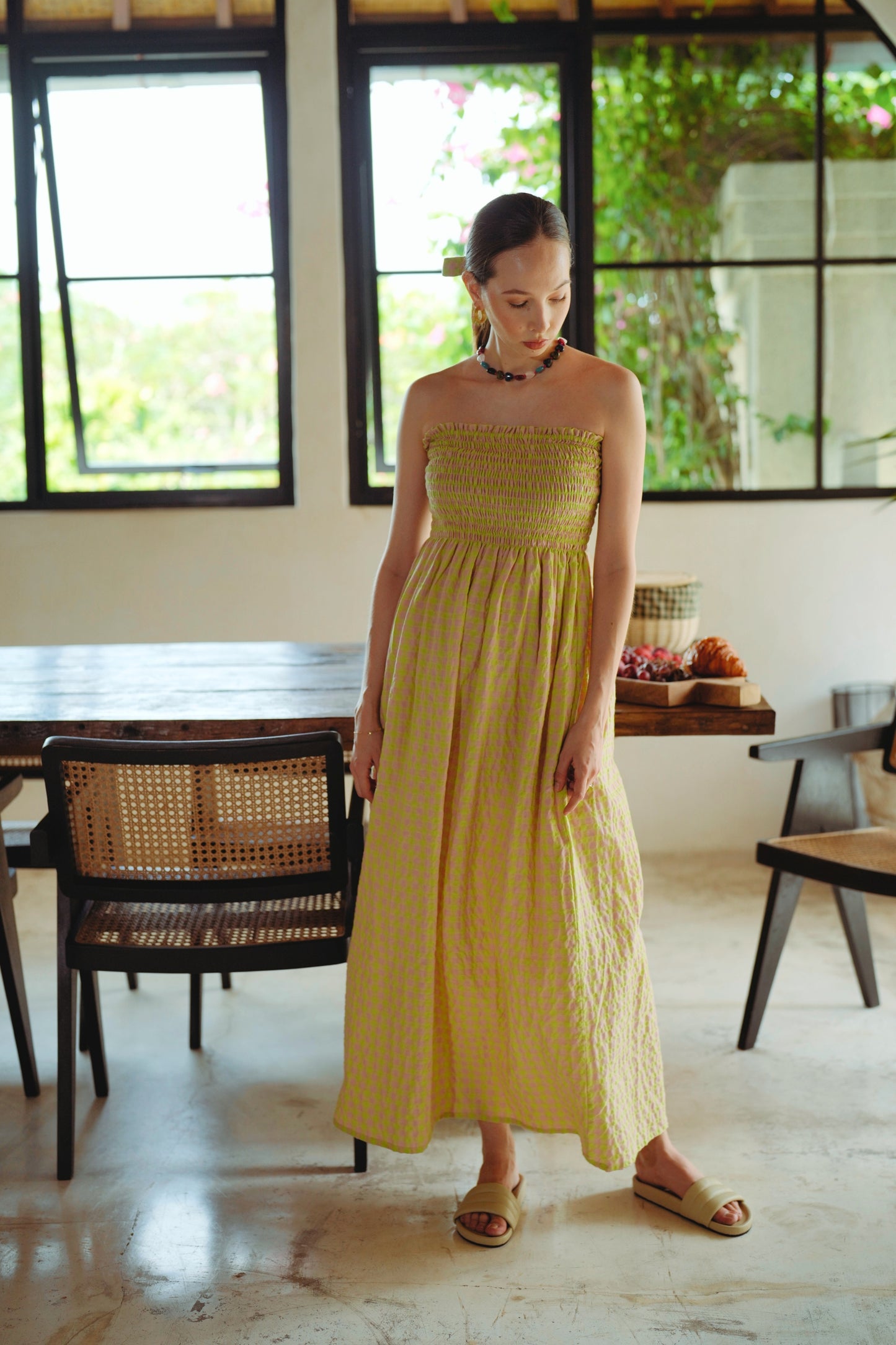 PRE-ORDER! Ava Strapless Crinkle Gingham Dress in Lemonade