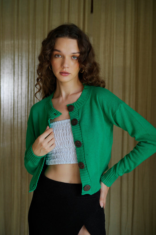 Victoria Coconut Button Cardigan in Forest Green