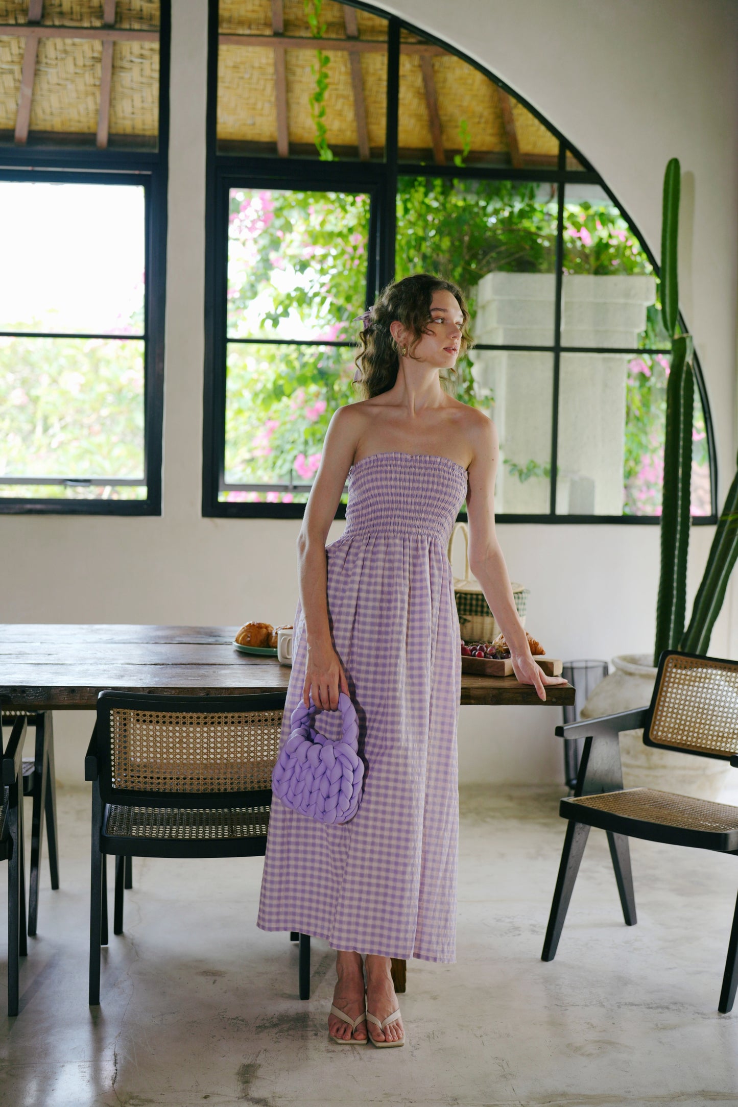 Ava Strapless Crinkle Gingham Dress in Lilac