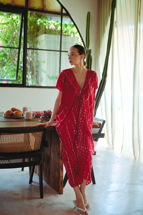 red kaftan dress ELARA Belted Kaftan Dress in Poppy Red
