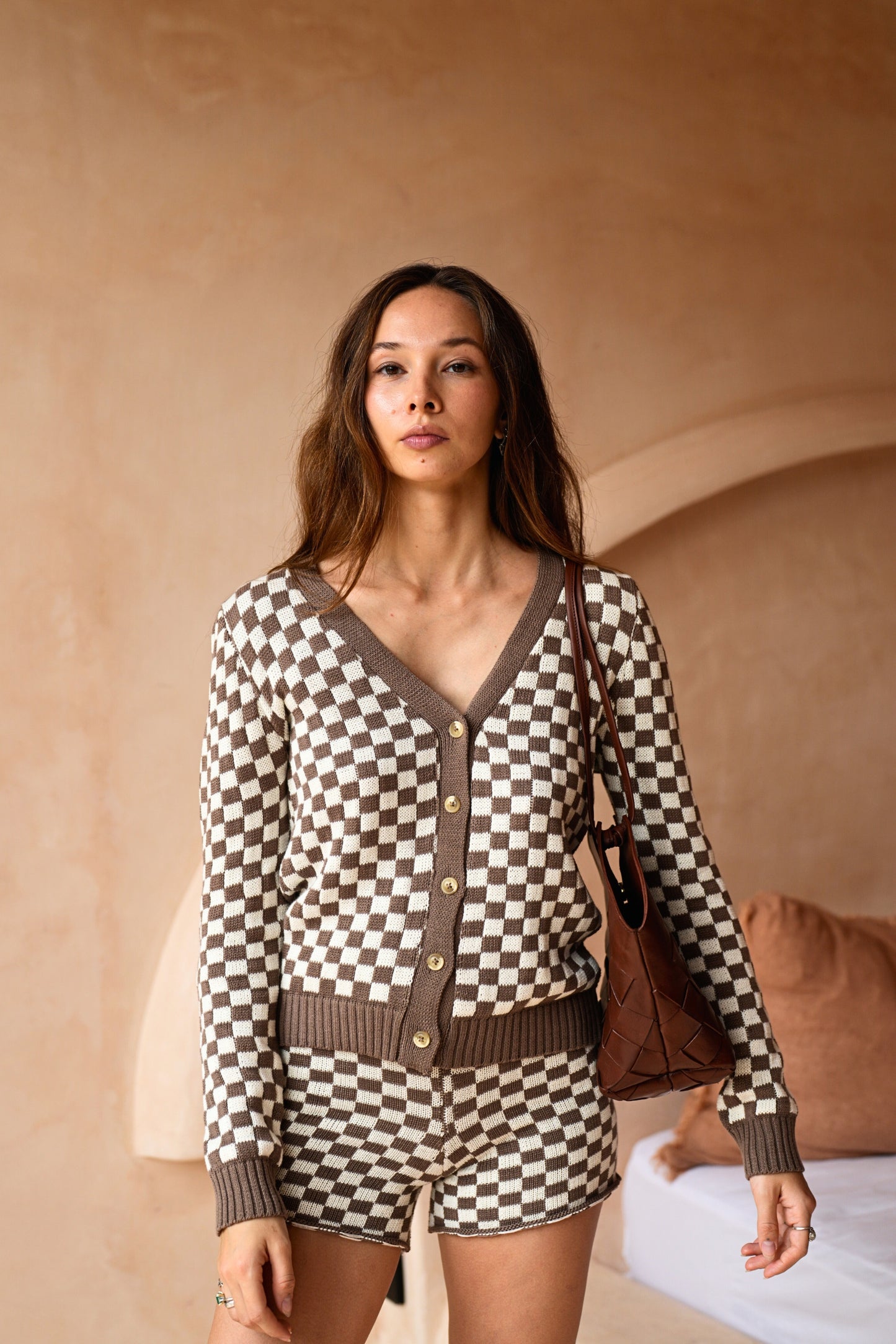 Annie checked knit cardigan in Brown