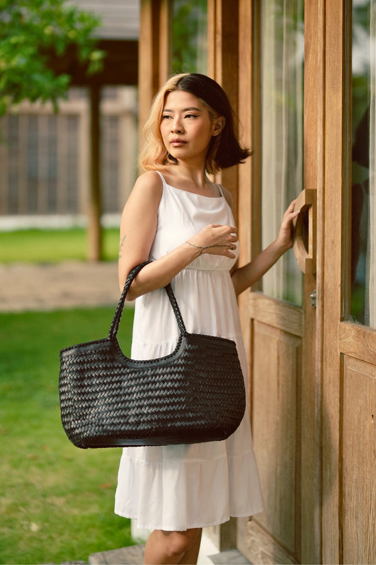 Jolene Handwoven Leather Tote in Black