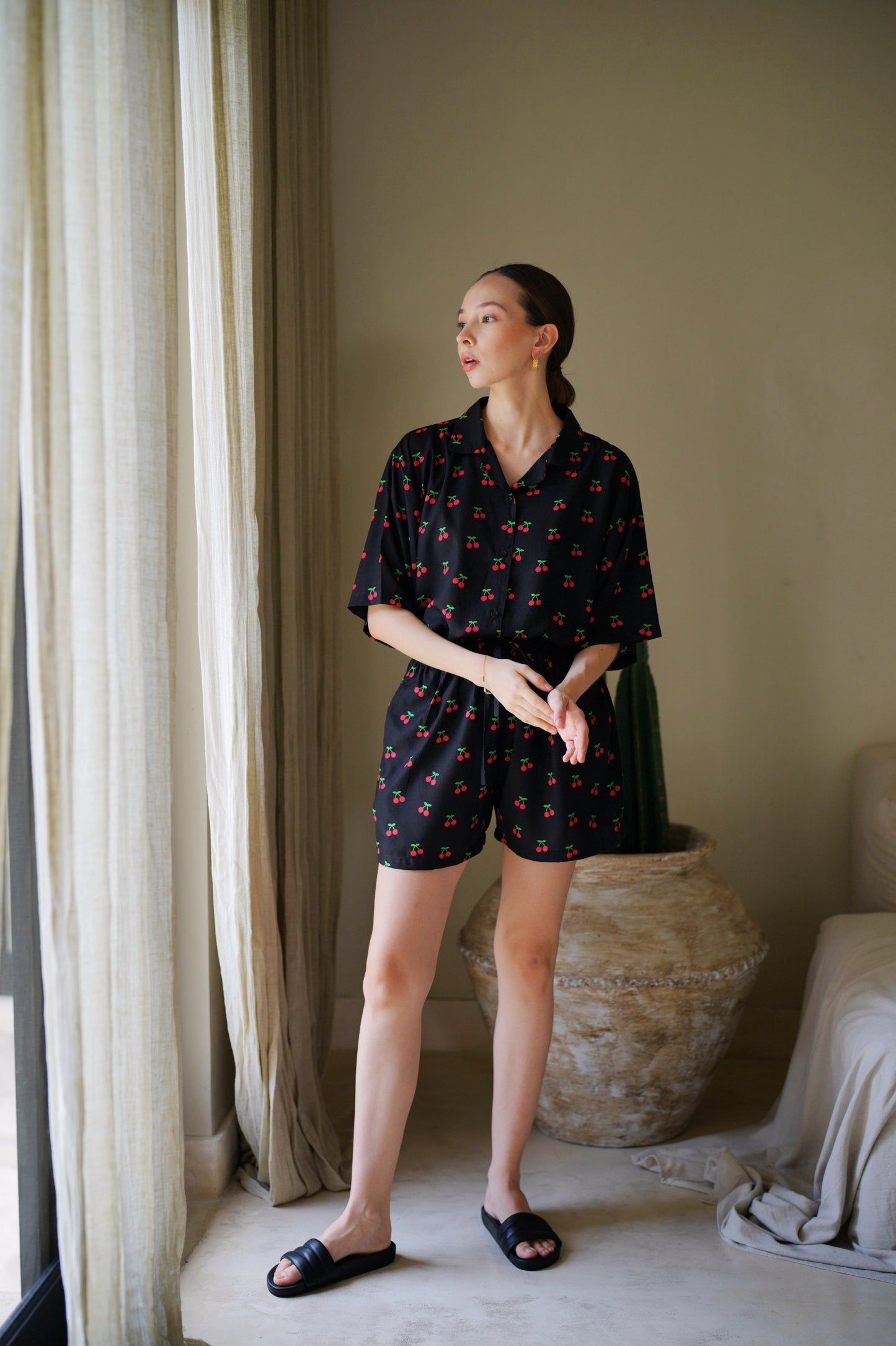 Nostalgic Cherry-Print Travel Button-Up Shirt